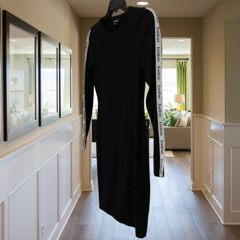 Bebe Black Logo Tape Sleeve Bodycon Dress Size Small Stretch Long Sleeve Y2 - Picture 4 of 11